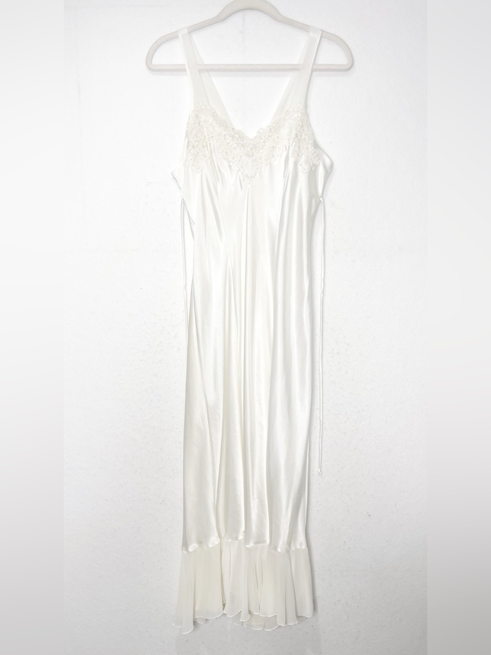 Linea Donatella Bridal Satin White Lace & Faux Pearl Night Gown Ruffled Hem